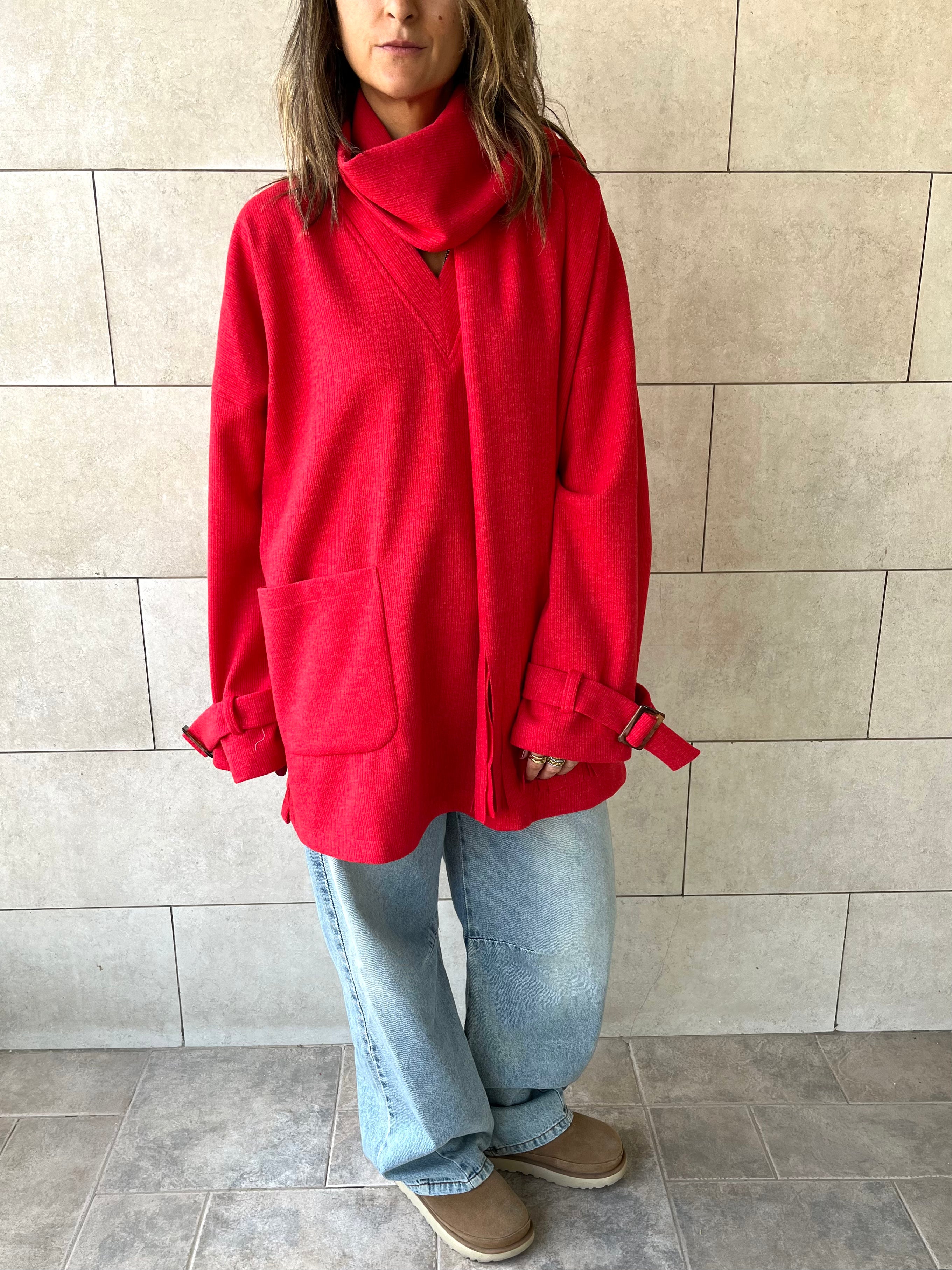 Red fringe Scarf Poncho