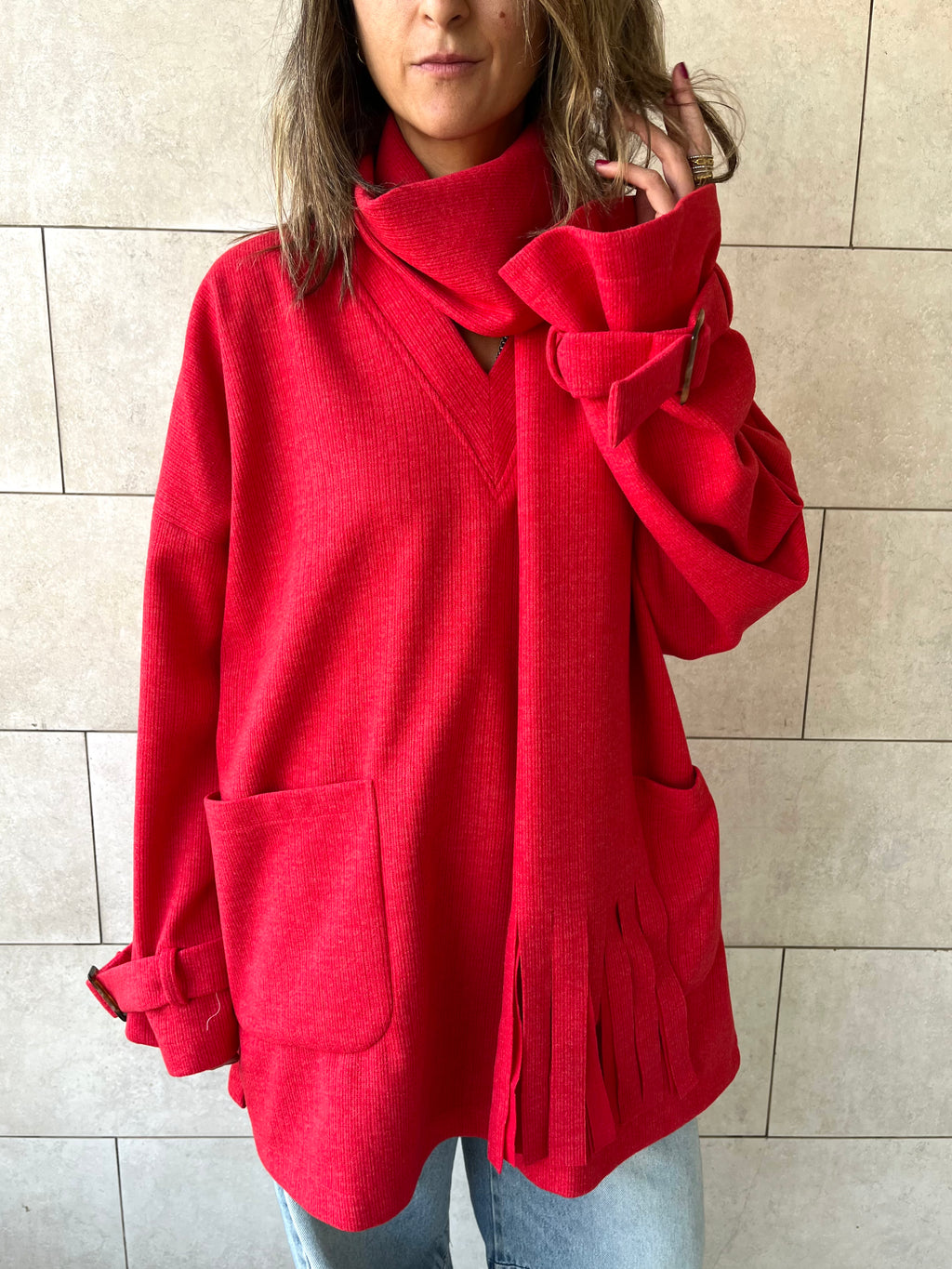 Red fringe Scarf Poncho