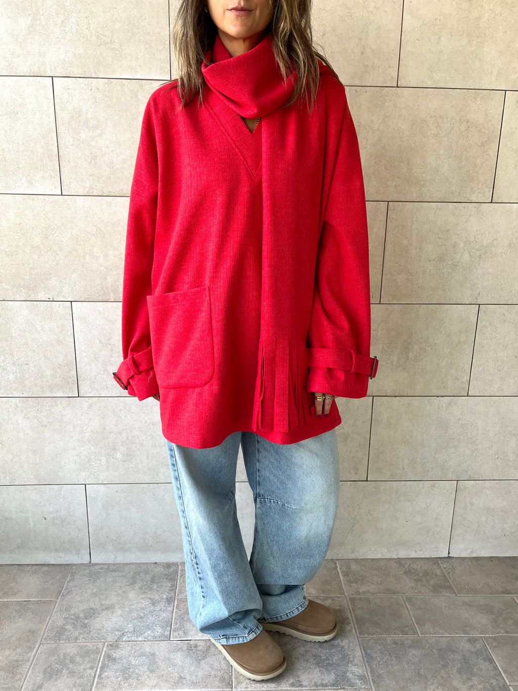 Red fringe Scarf Poncho