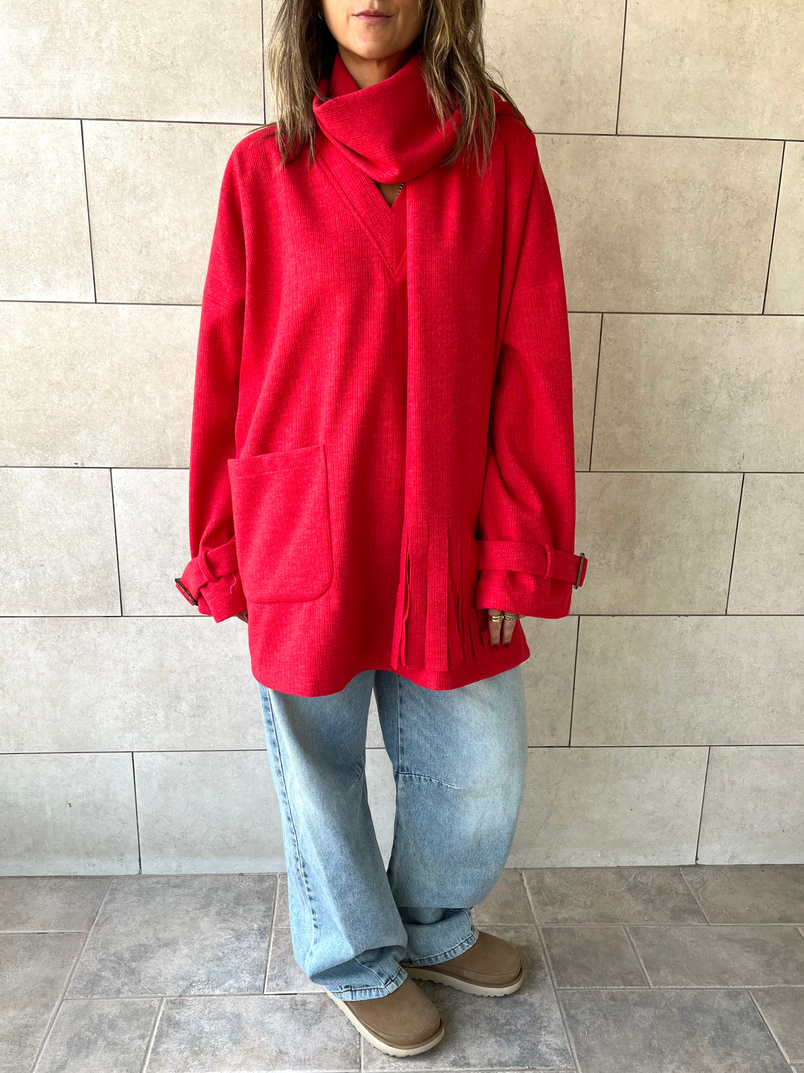 Red fringe Scarf Poncho