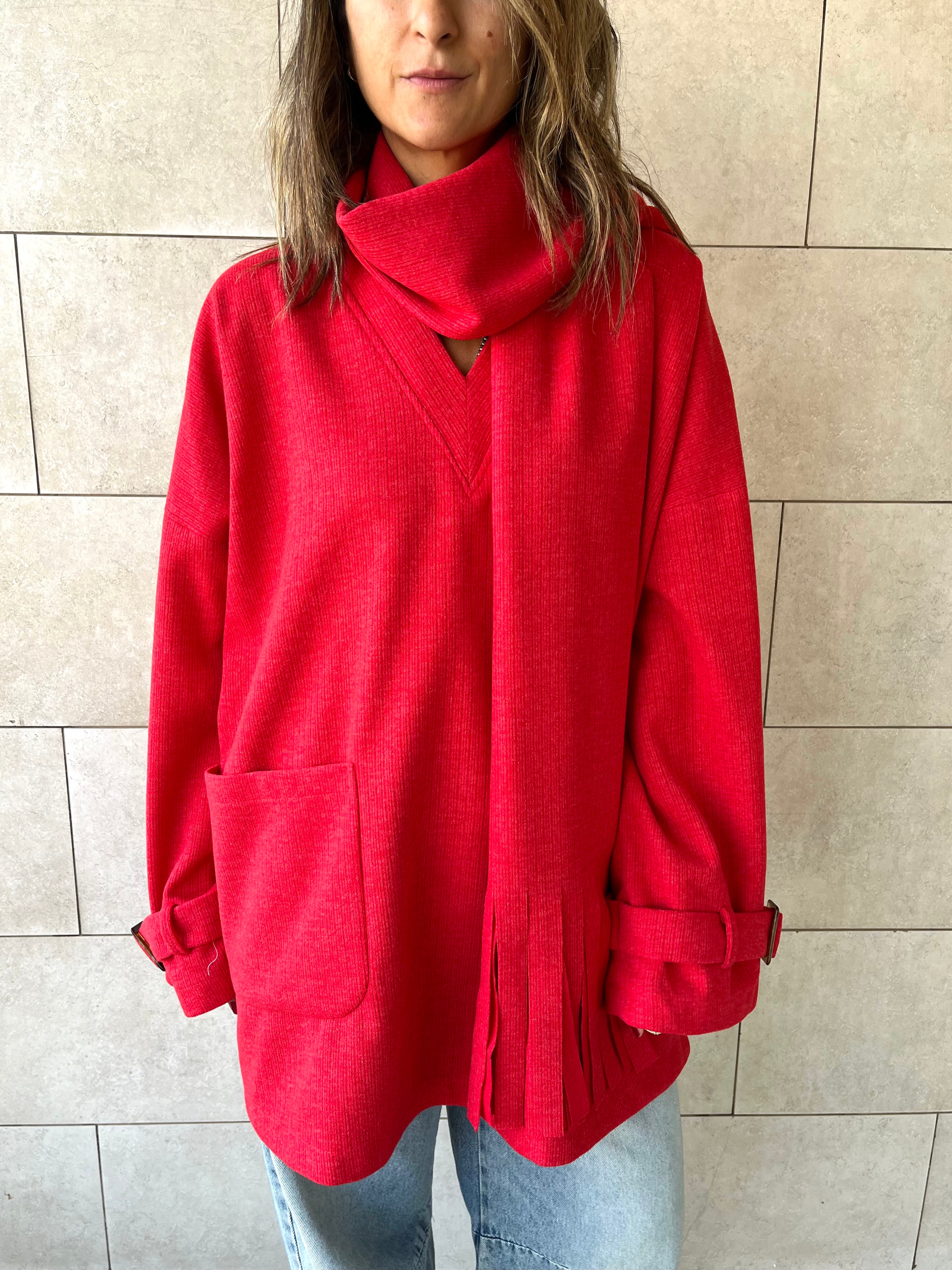 Red fringe Scarf Poncho