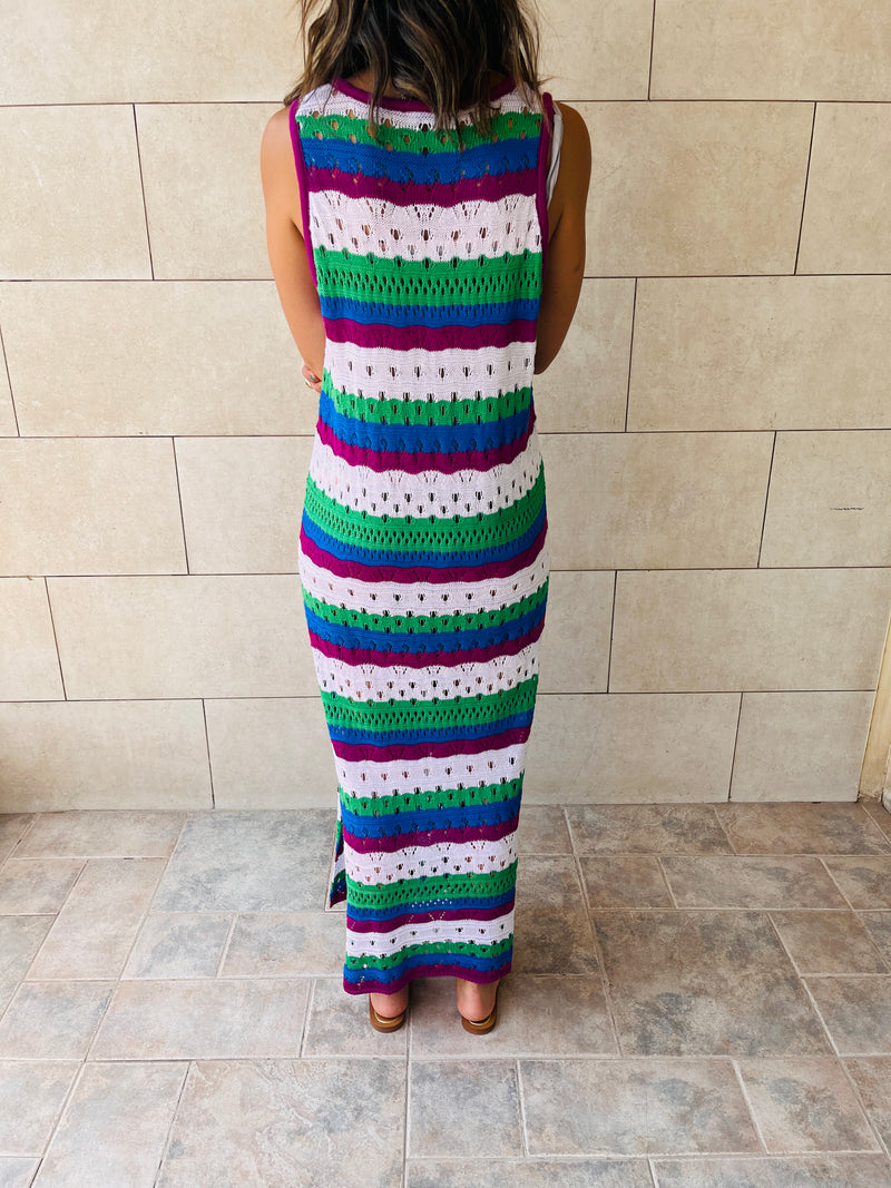 Purple & Green Sleeveless Crochet Dress