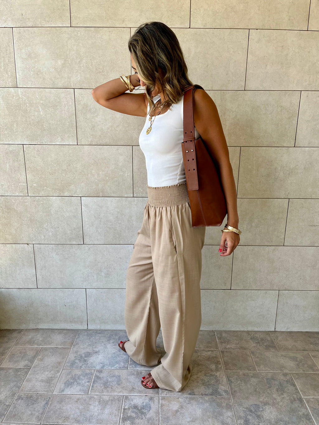 Beige Elastic Boho Pants