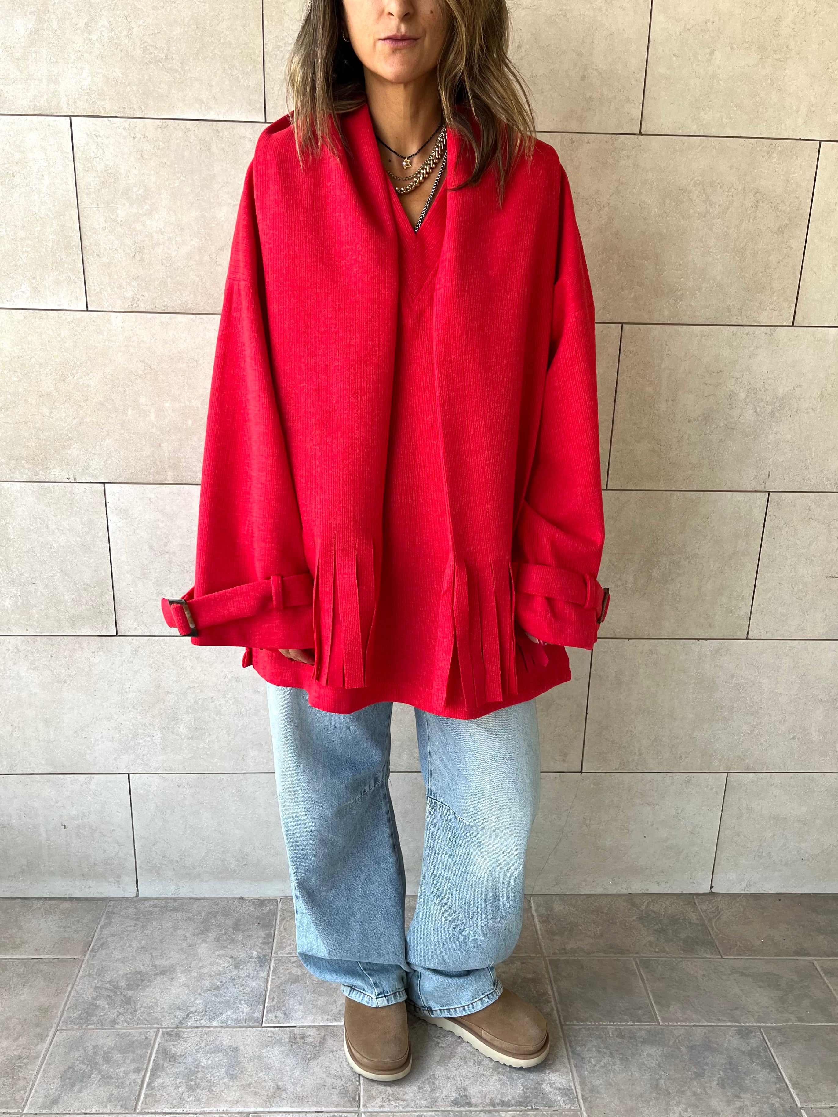 Red fringe Scarf Poncho