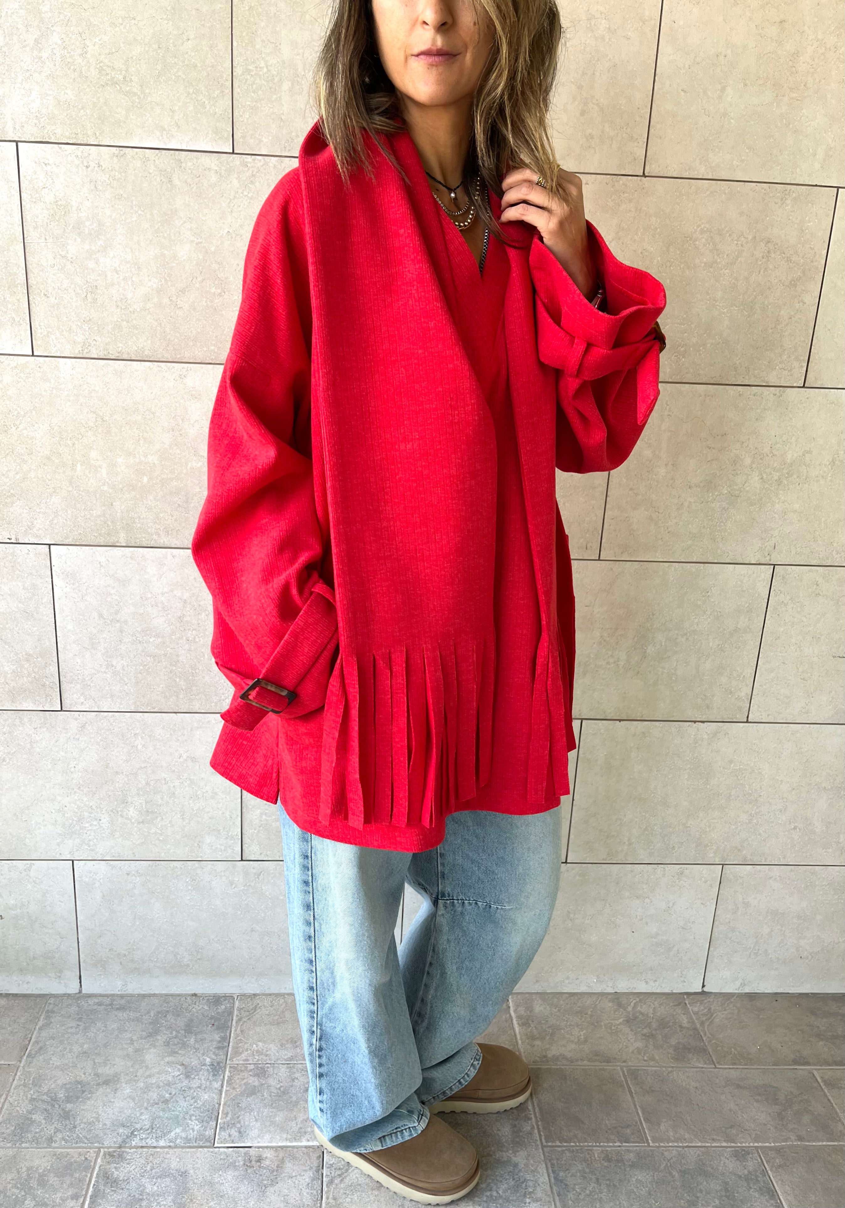 Red fringe Scarf Poncho