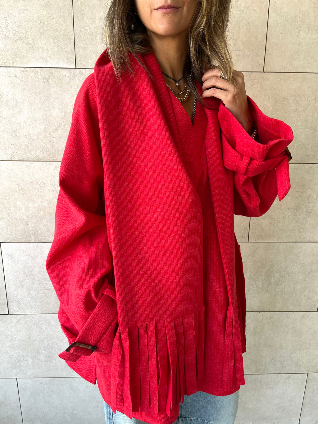 Red fringe Scarf Poncho