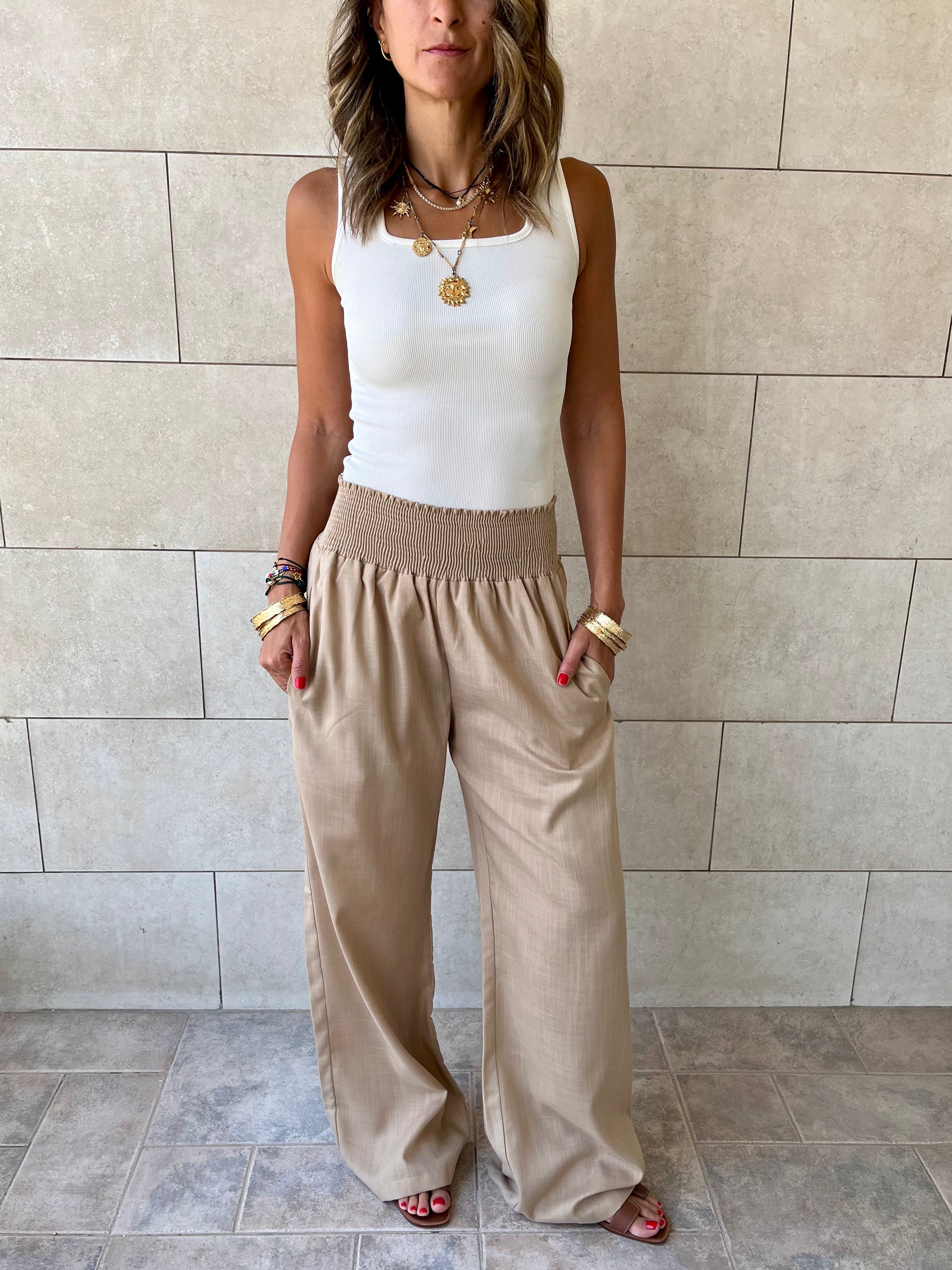 Beige Elastic Boho Pants