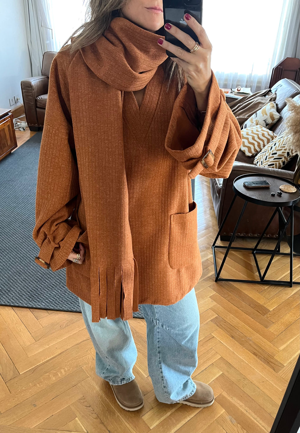 Rust fringe Scarf Poncho