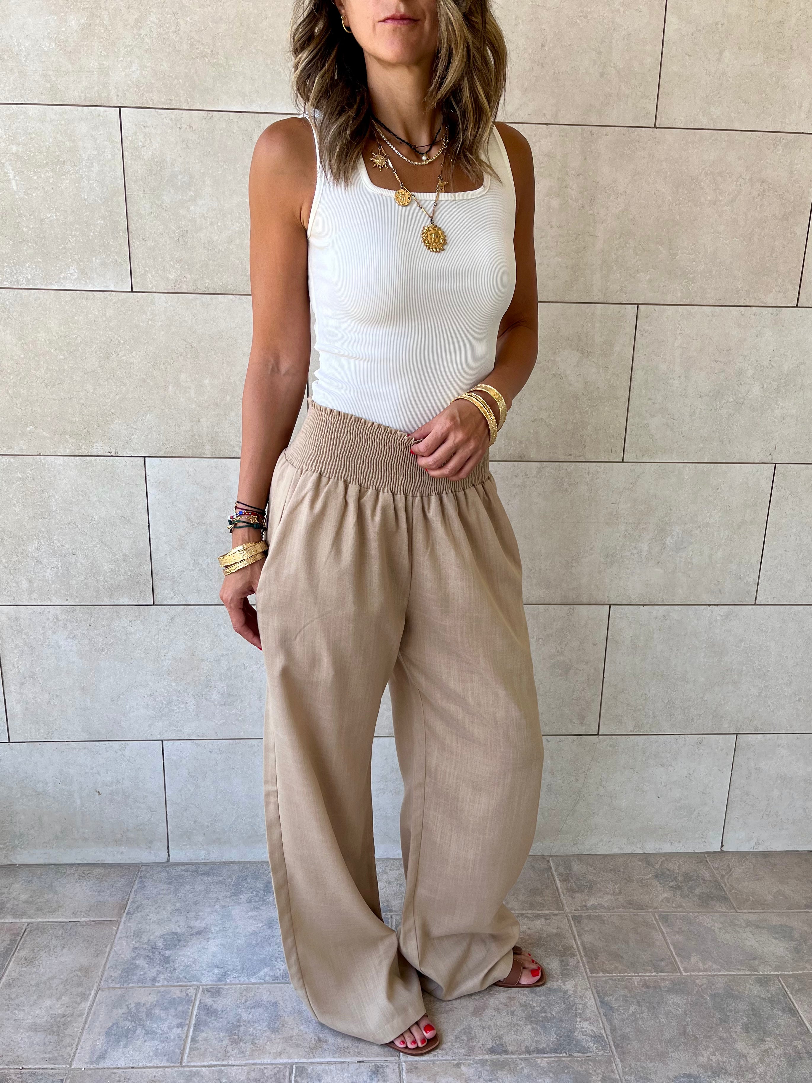 Beige Elastic Boho Pants