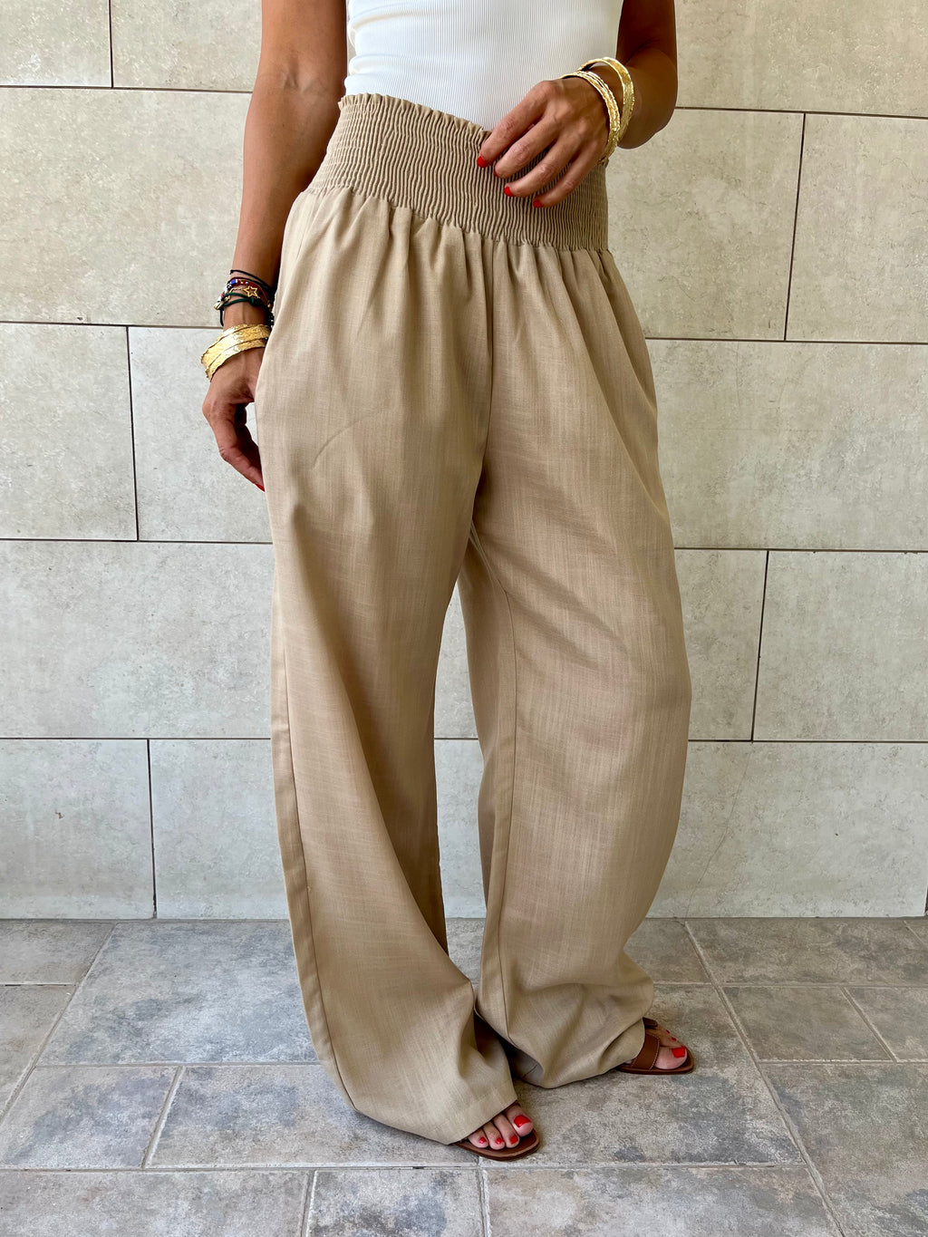 Beige Elastic Boho Pants