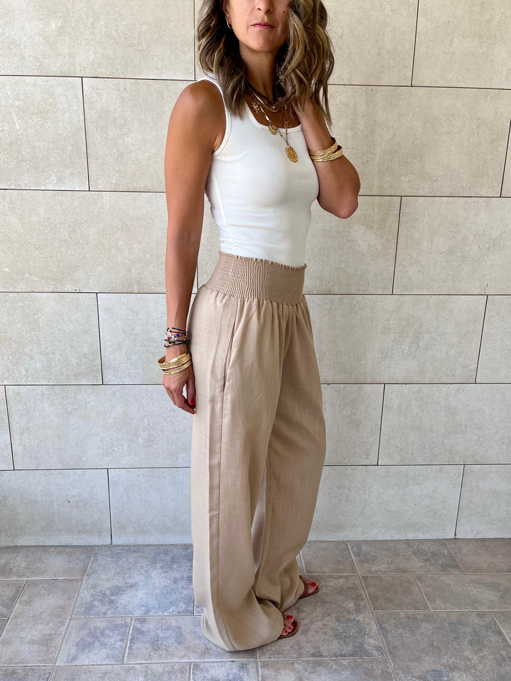 Beige Elastic Boho Pants