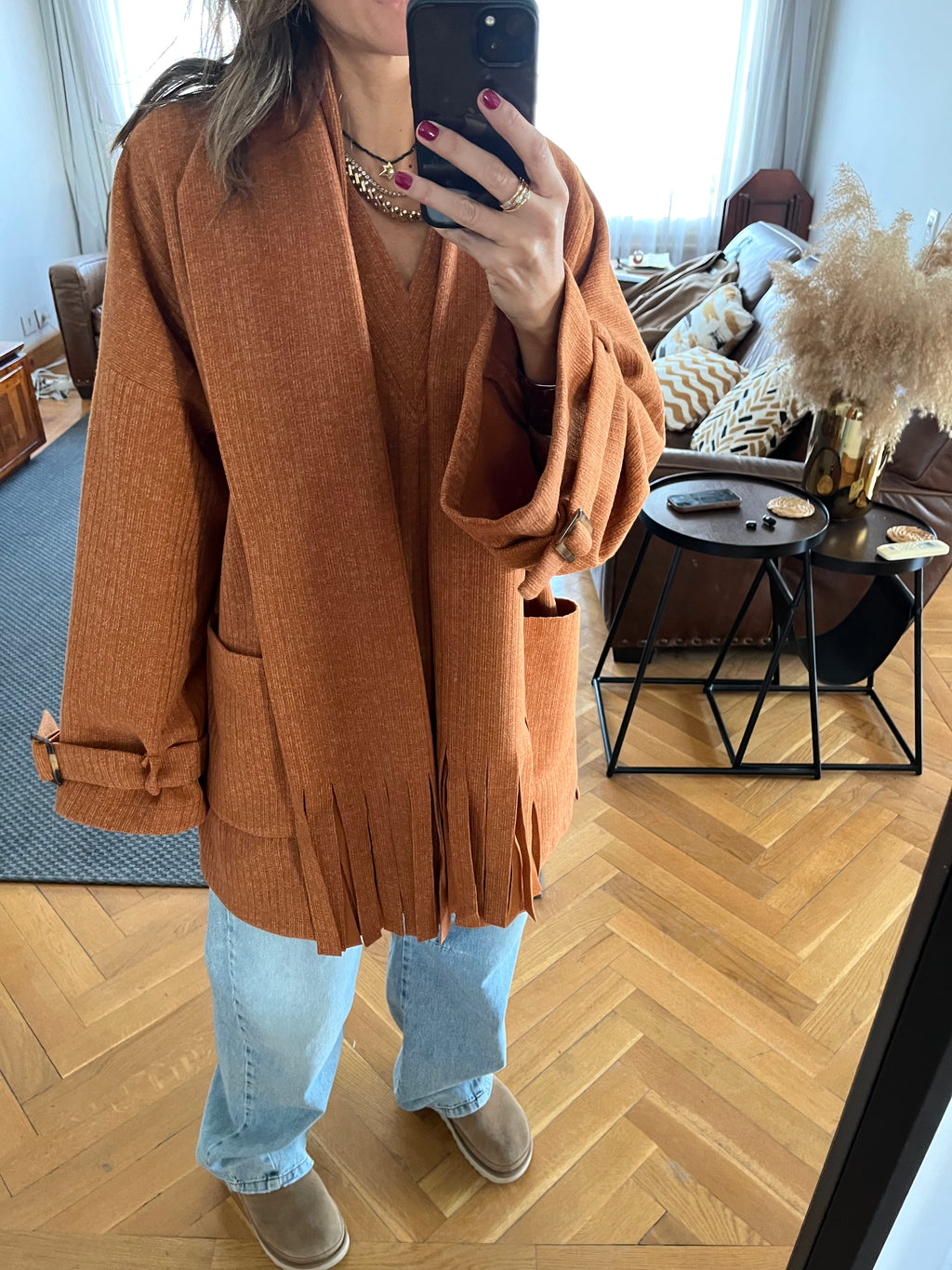 Rust fringe Scarf Poncho