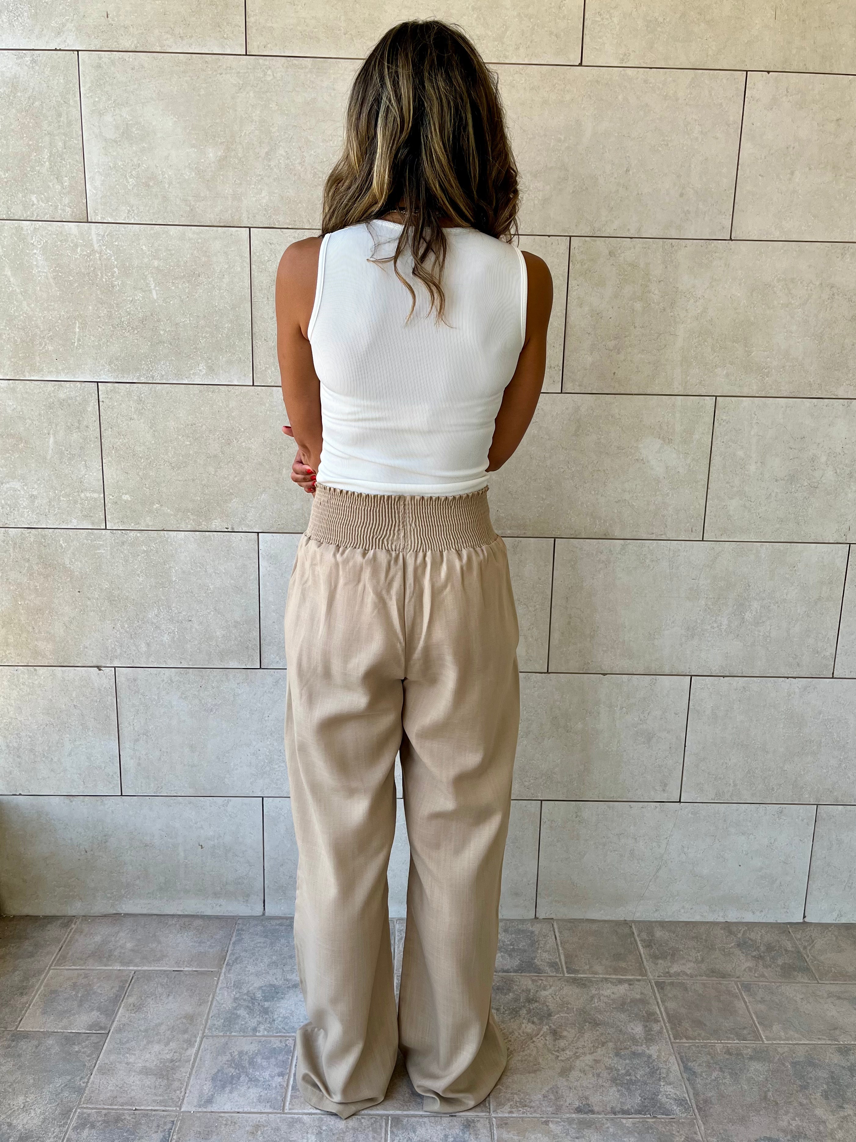 Beige Elastic Boho Pants