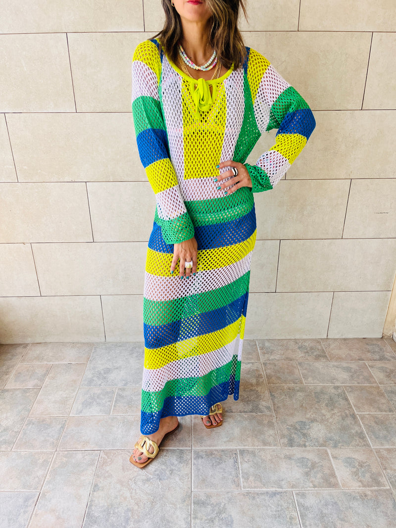 Lime & Green Colorblocking All The Way Crochet Coverup