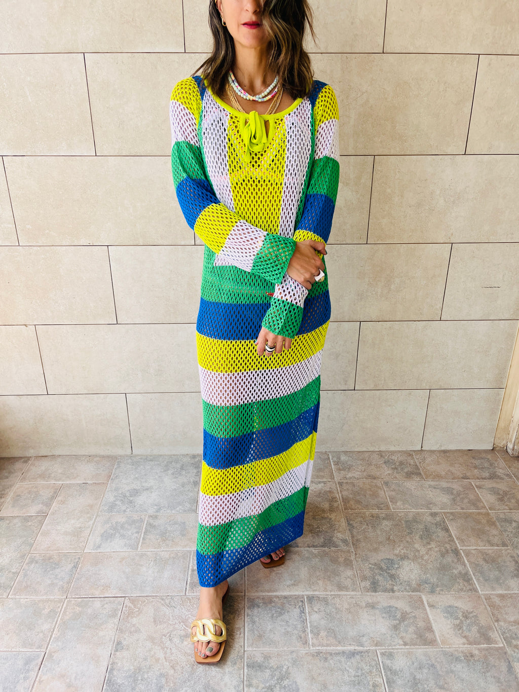Lime & Green Colorblocking All The Way Crochet Coverup