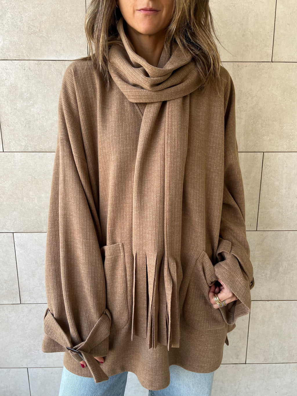 Beige fringe Scarf Poncho
