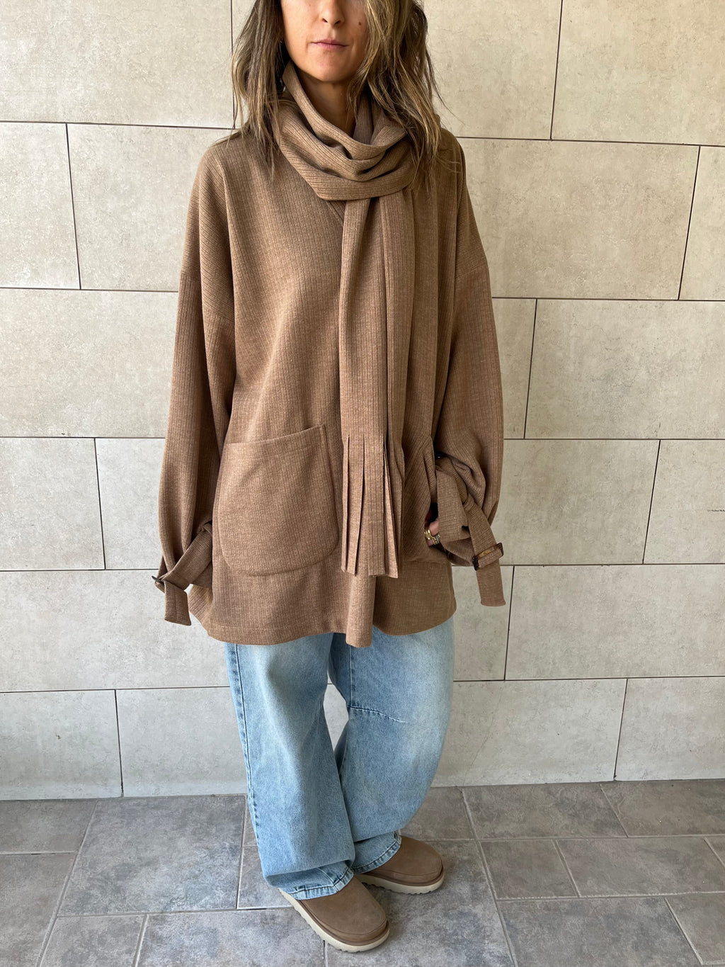 Beige fringe Scarf Poncho
