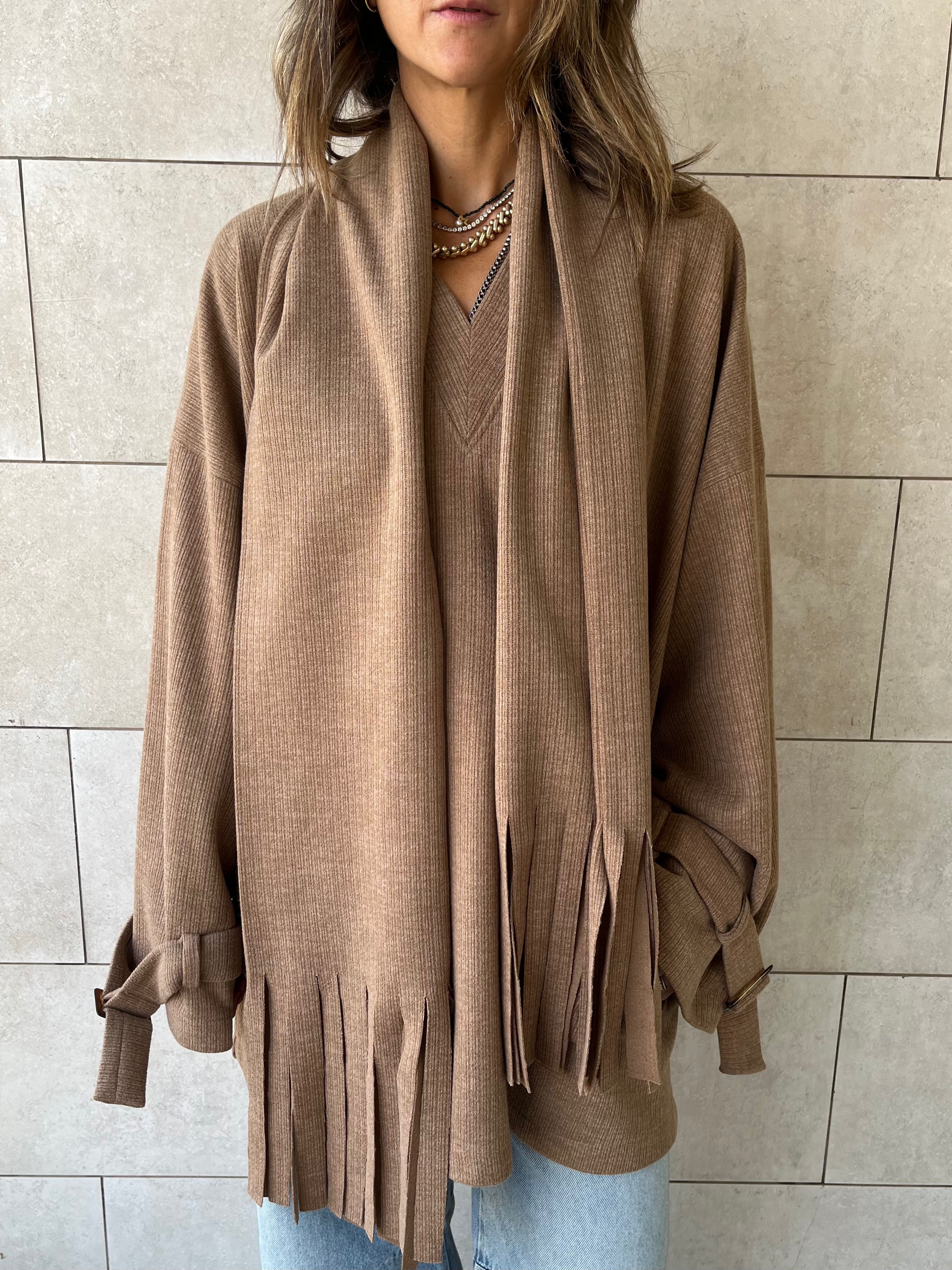 Beige fringe Scarf Poncho