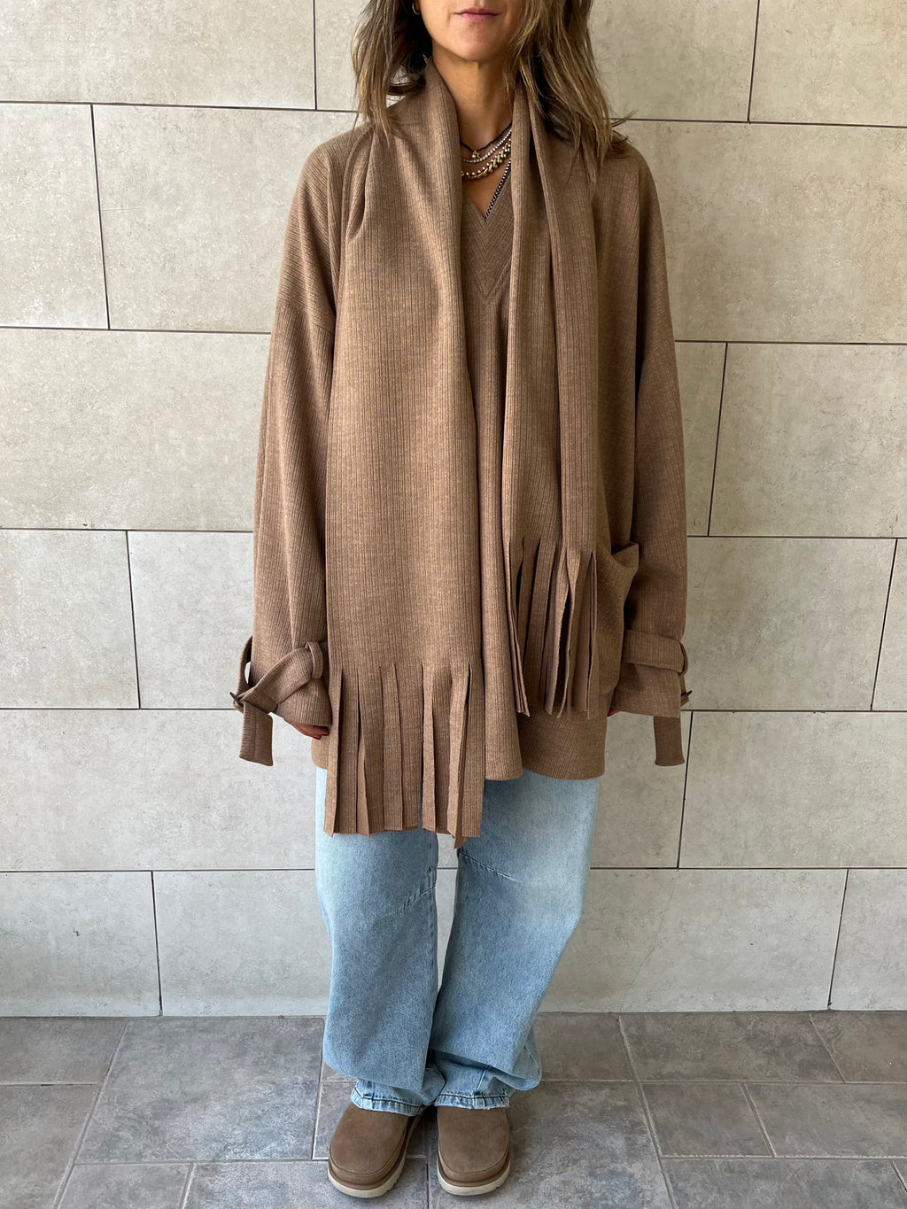 Beige fringe Scarf Poncho