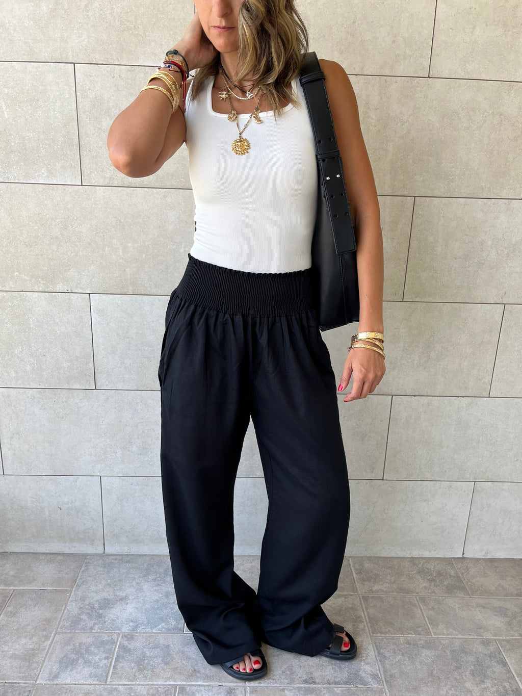 Black Elastic Boho Pants