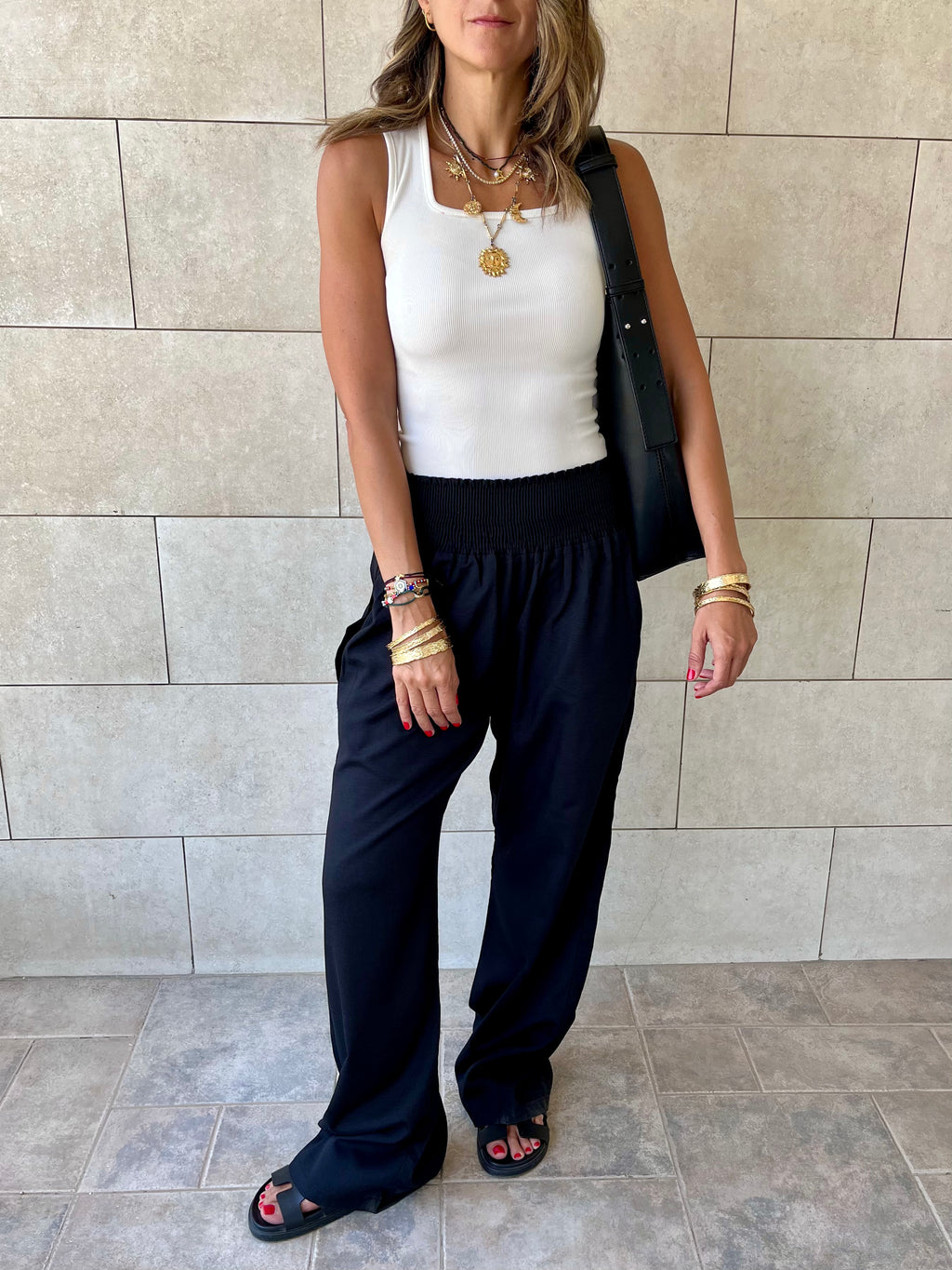 Black Elastic Boho Pants