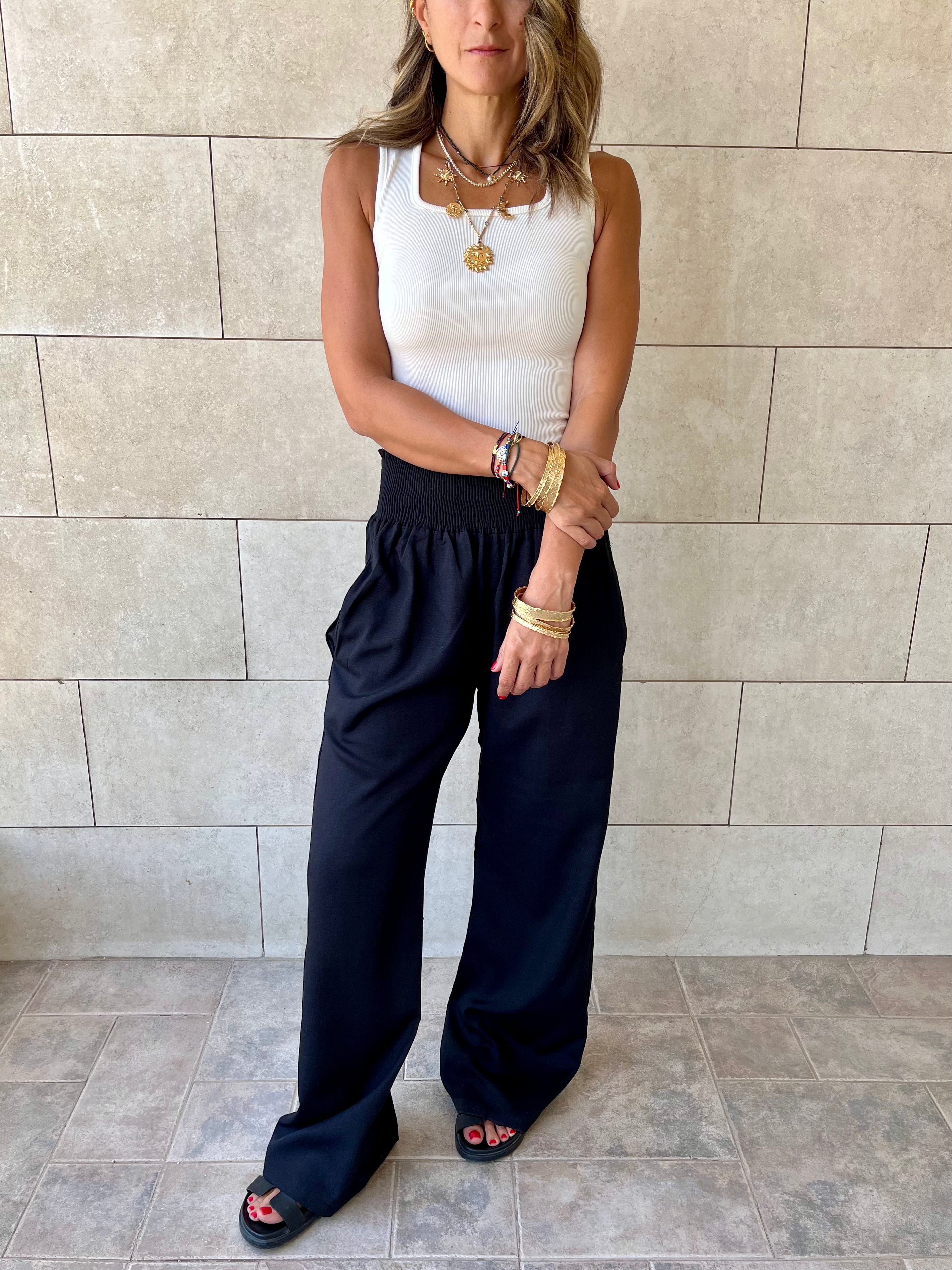 Black Elastic Boho Pants