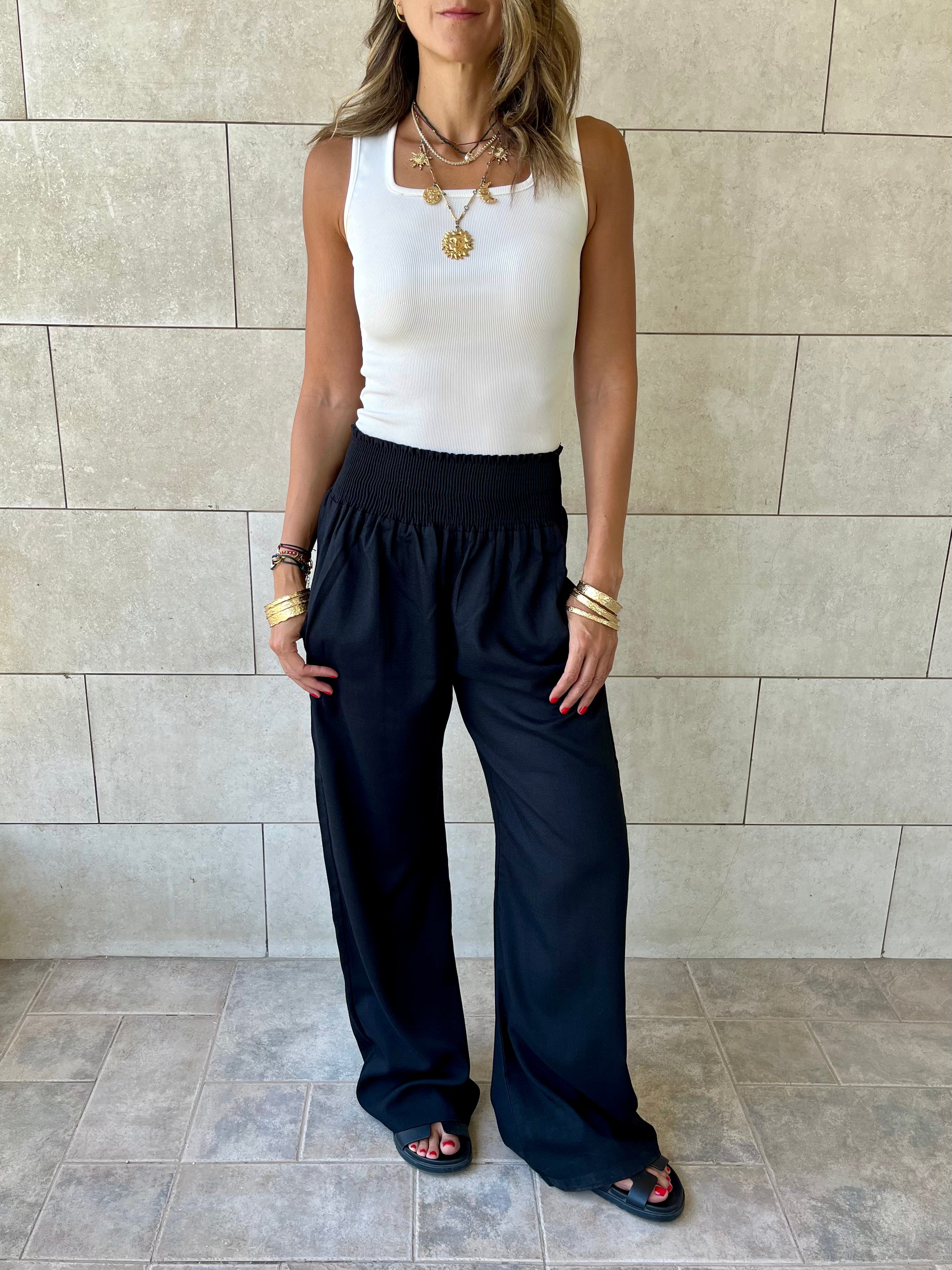 Black Elastic Boho Pants