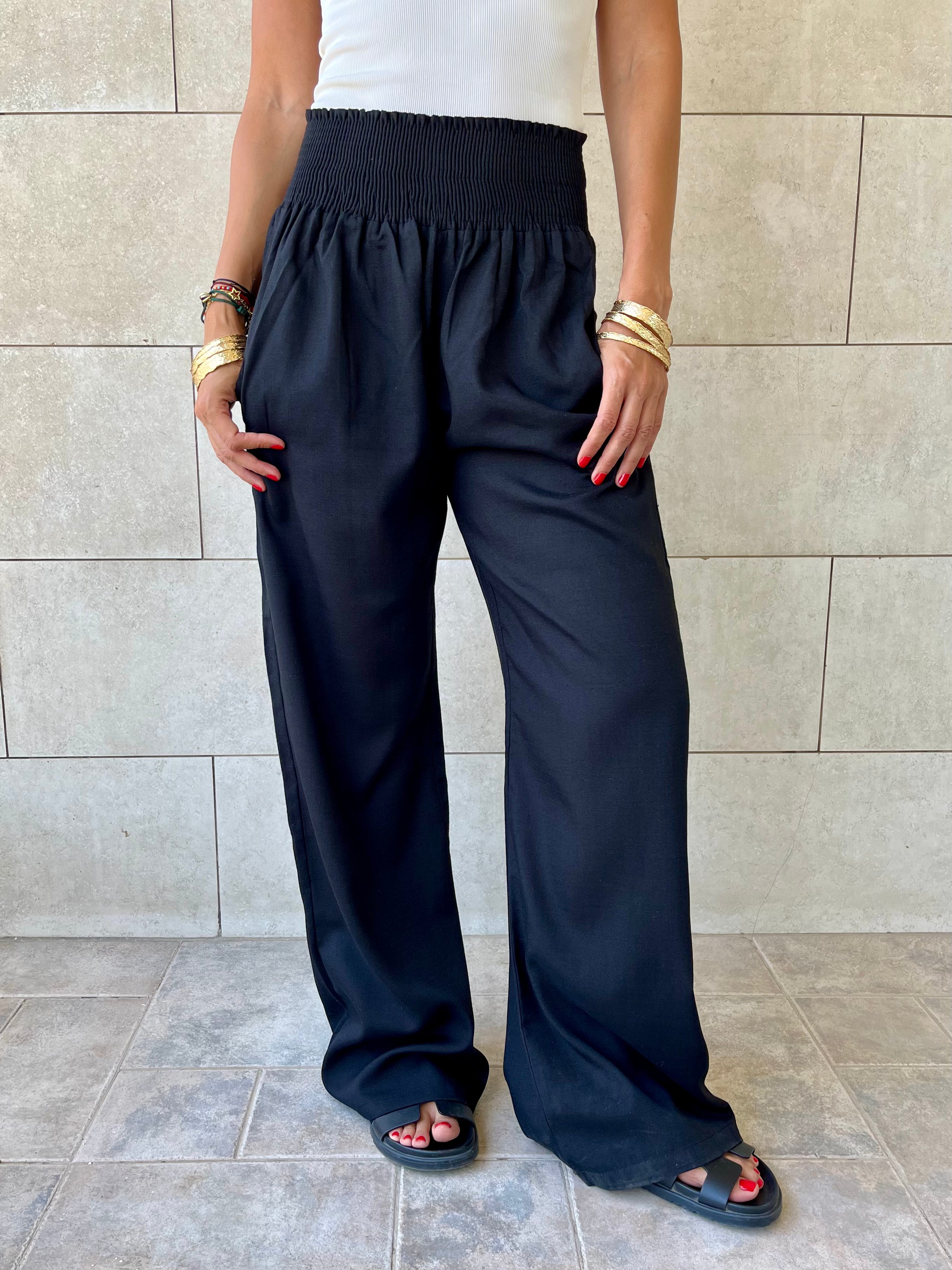 Black Elastic Boho Pants