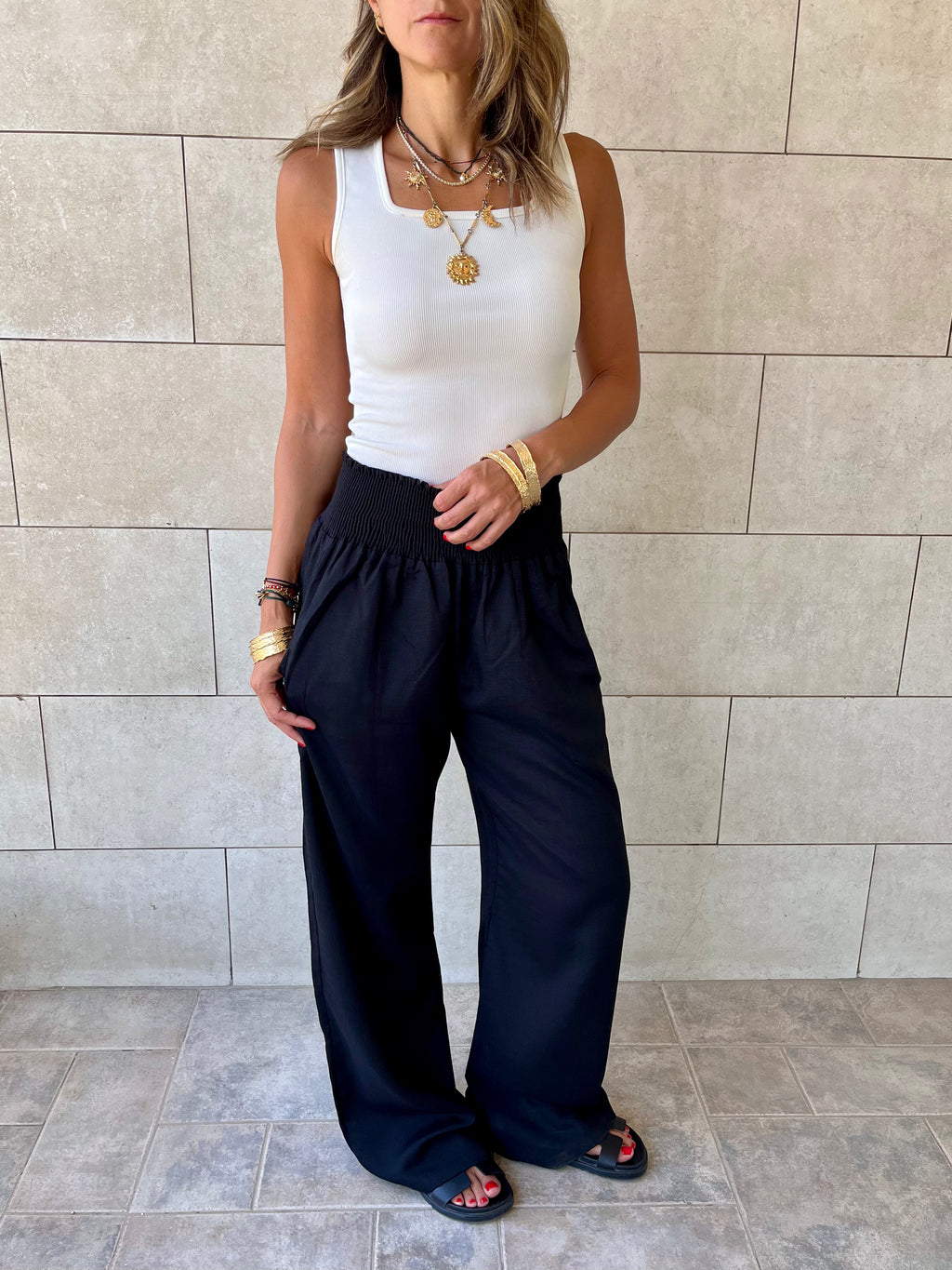 Black Elastic Boho Pants