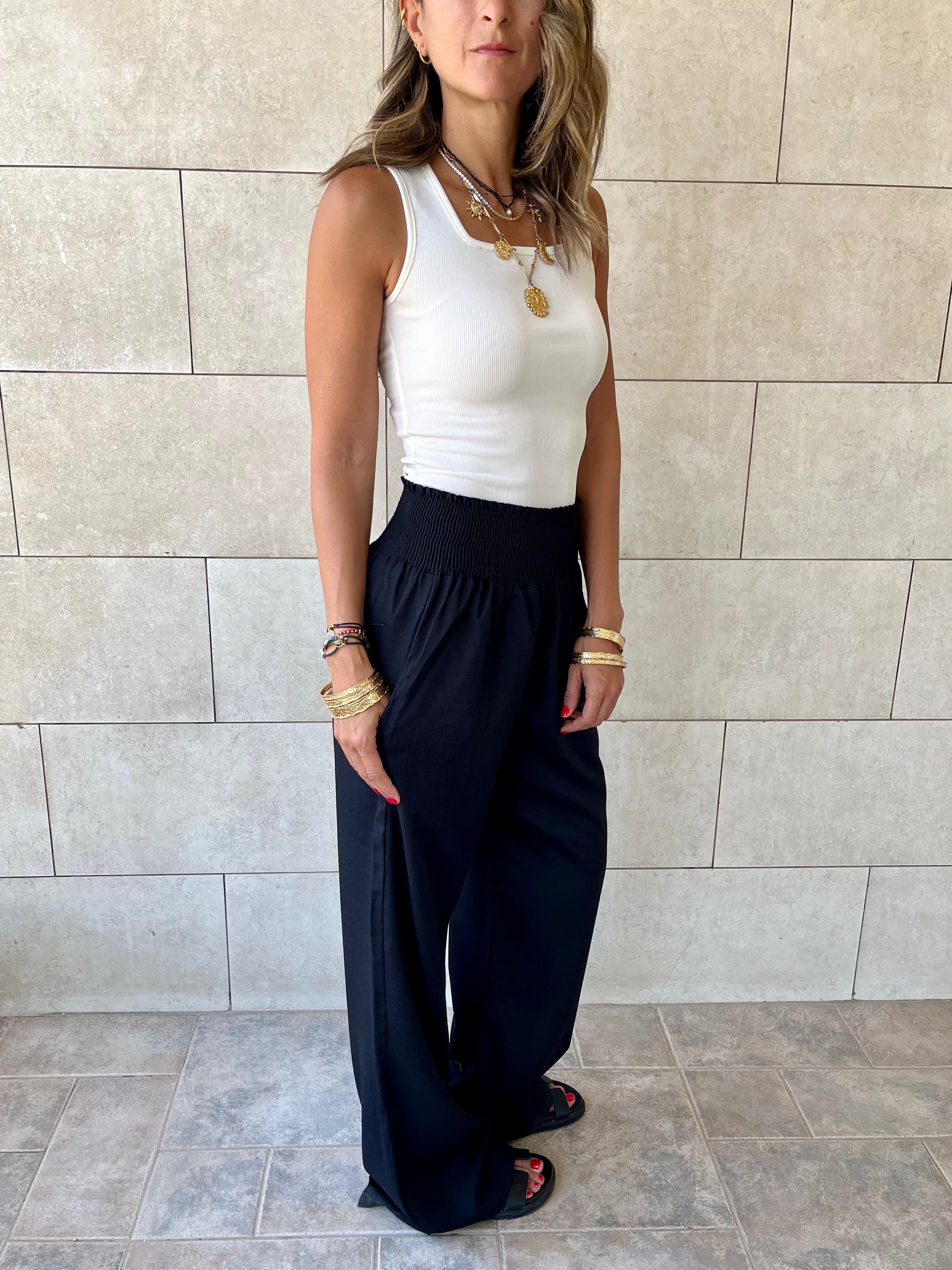 Black Elastic Boho Pants