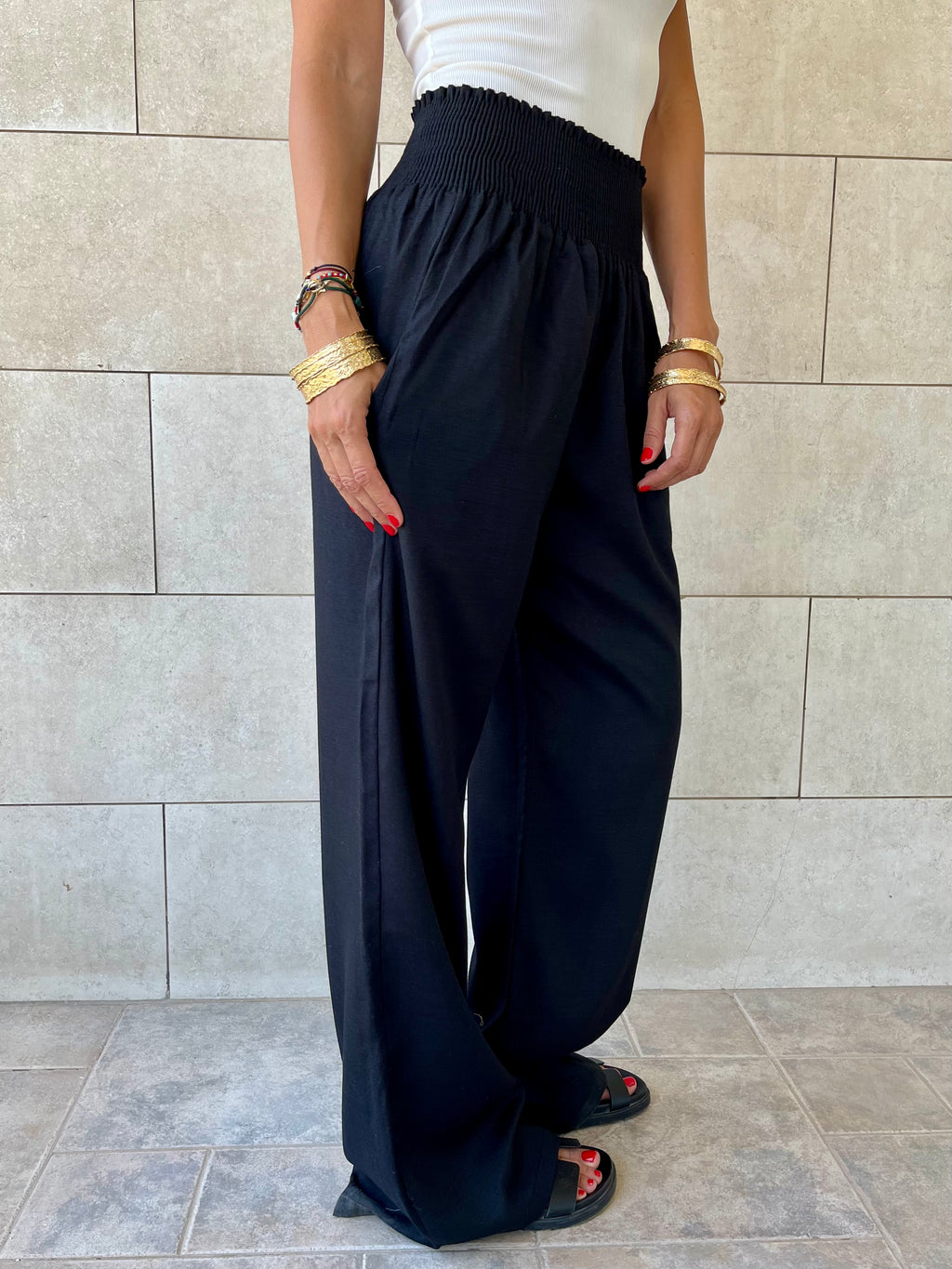 Black Elastic Boho Pants