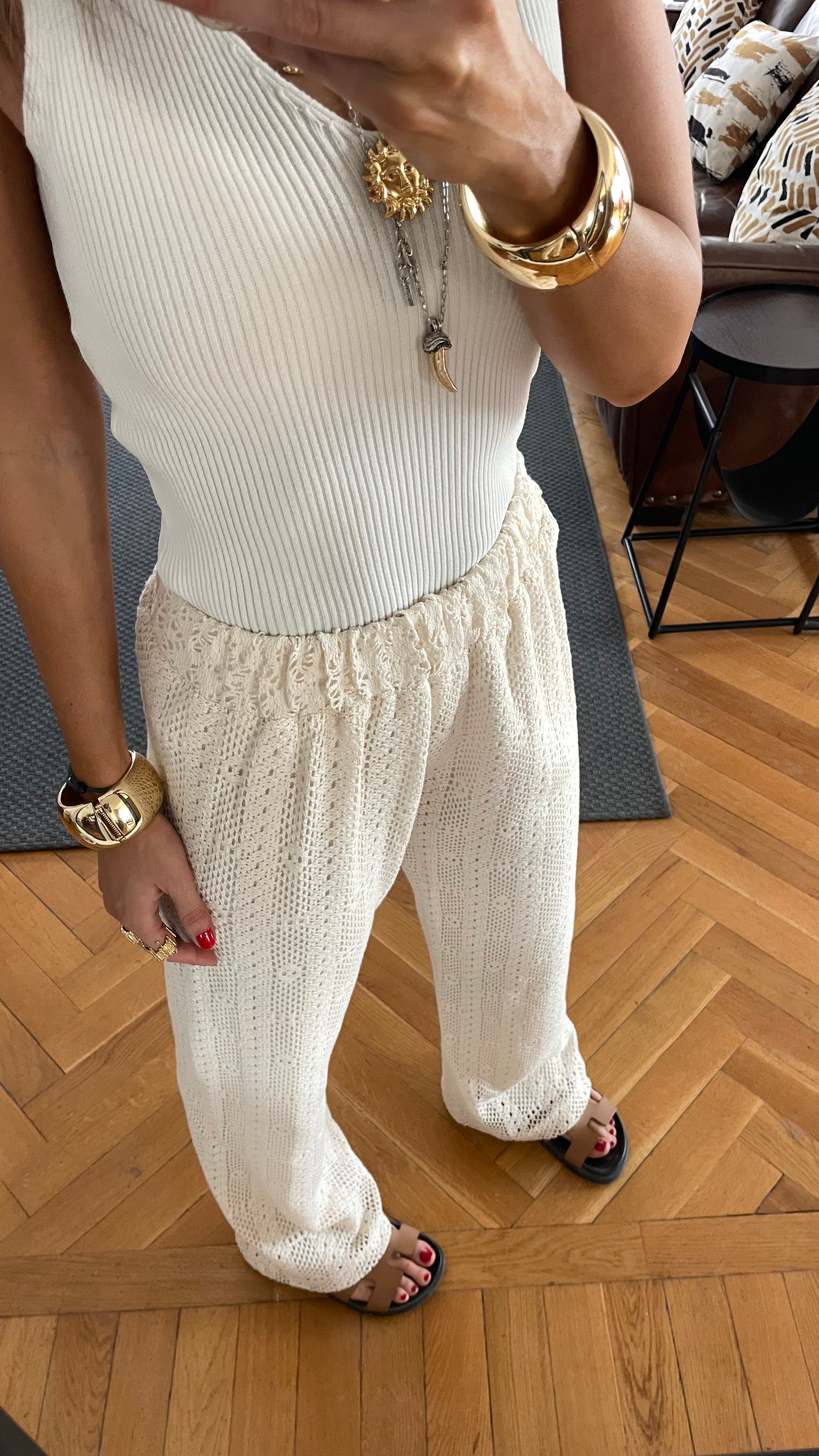 Beige Hollow Out Pants