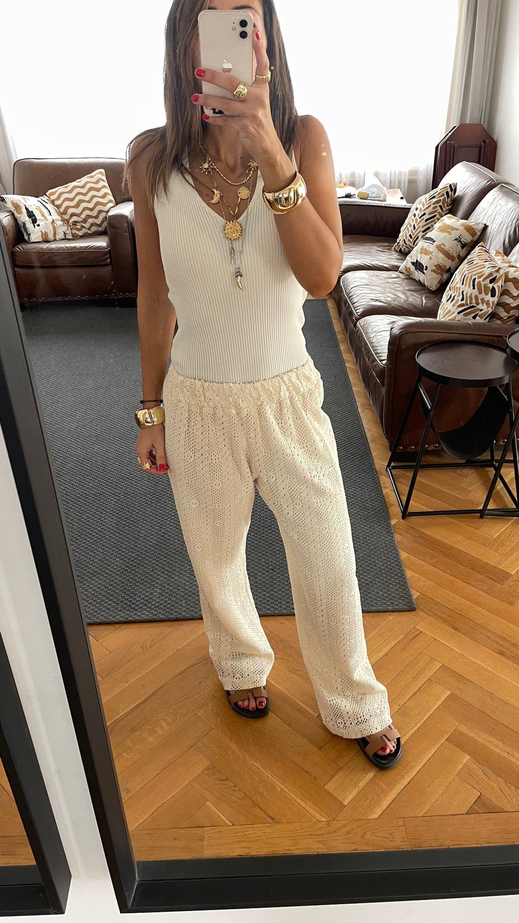 Beige Hollow Out Pants