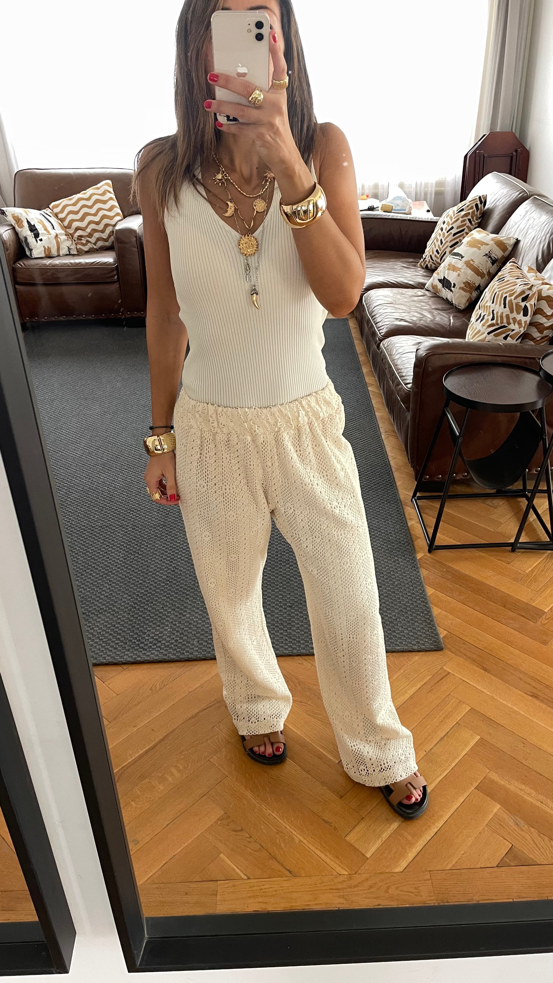 Beige Hollow Out Pants