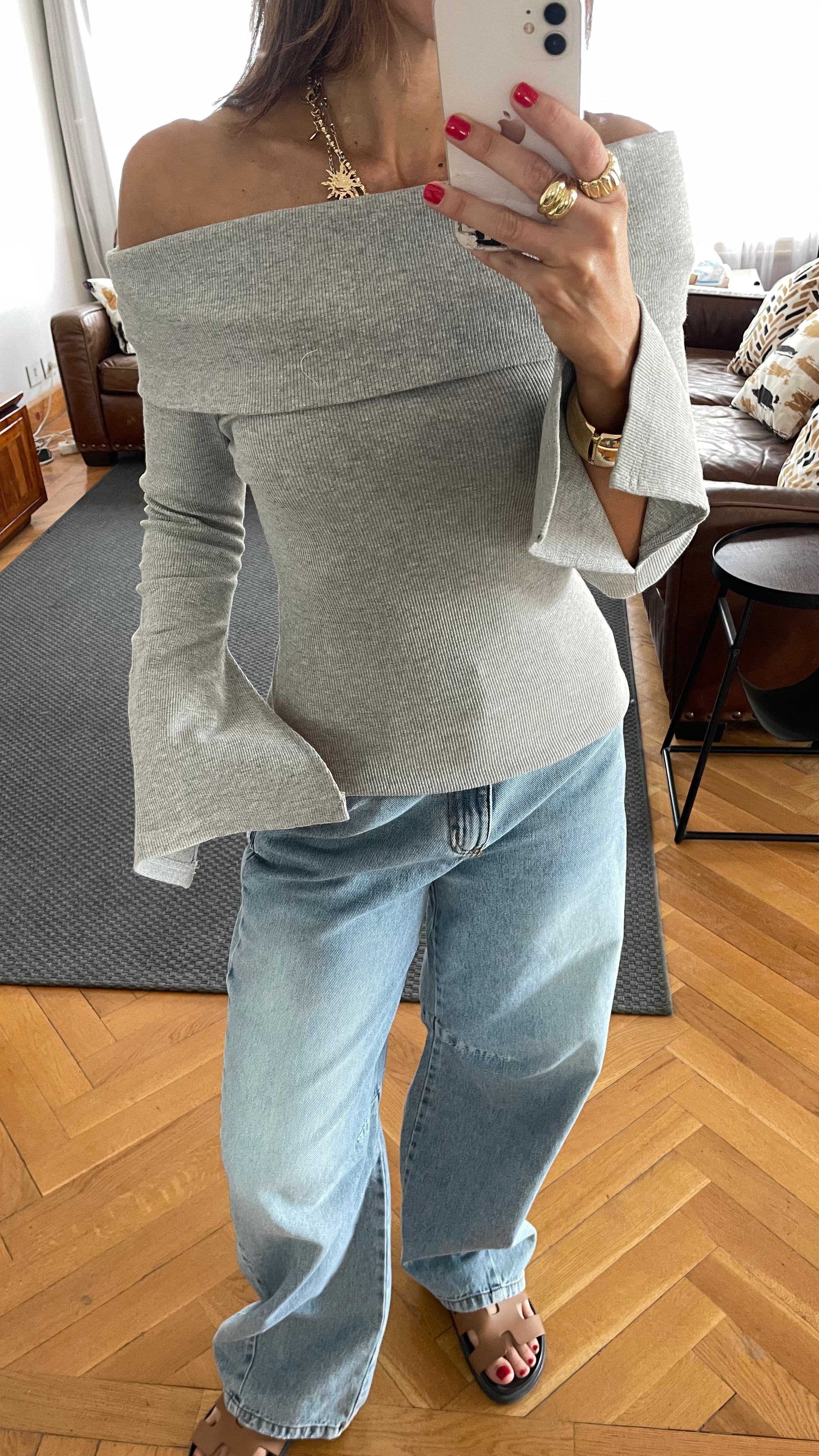 Grey Ribbed Off Shoulder Top