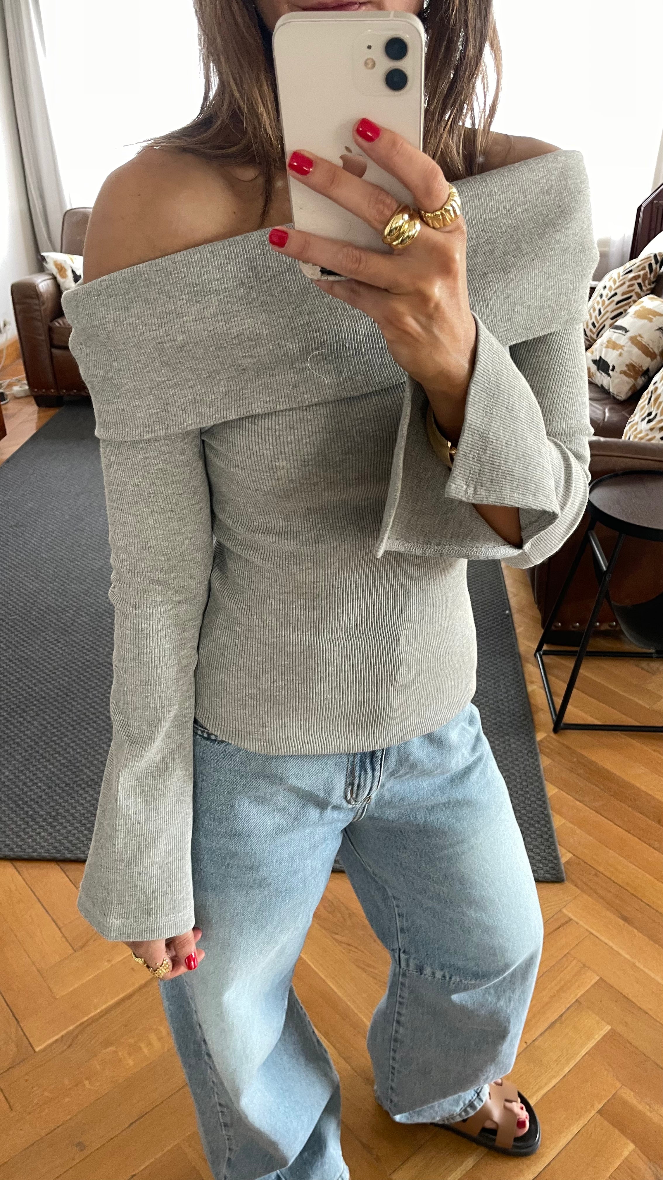 Grey Ribbed Off Shoulder Top
