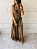 Brown Lantern Light Linen Backless Dress