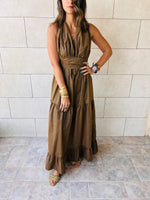 Brown Lantern Light Linen Backless Dress