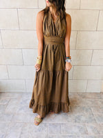 Brown Lantern Light Linen Backless Dress