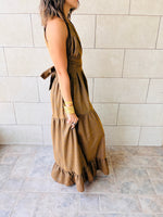 Brown Lantern Light Linen Backless Dress