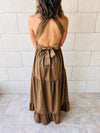 Brown Lantern Light Linen Backless Dress