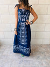 Navy Grecian Embroidered Linen Dress