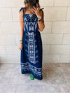 Navy Grecian Embroidered Linen Dress