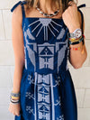 Navy Grecian Embroidered Linen Dress