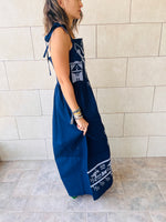 Navy Grecian Embroidered Linen Dress