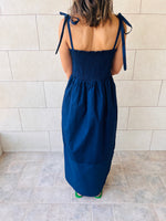 Navy Grecian Embroidered Linen Dress