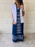 Navy Grecian Embroidered Linen Dress