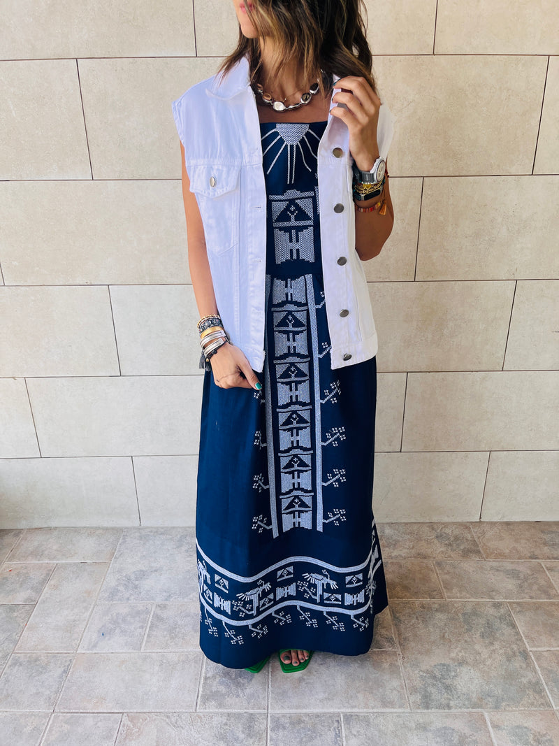 Navy Grecian Embroidered Linen Dress