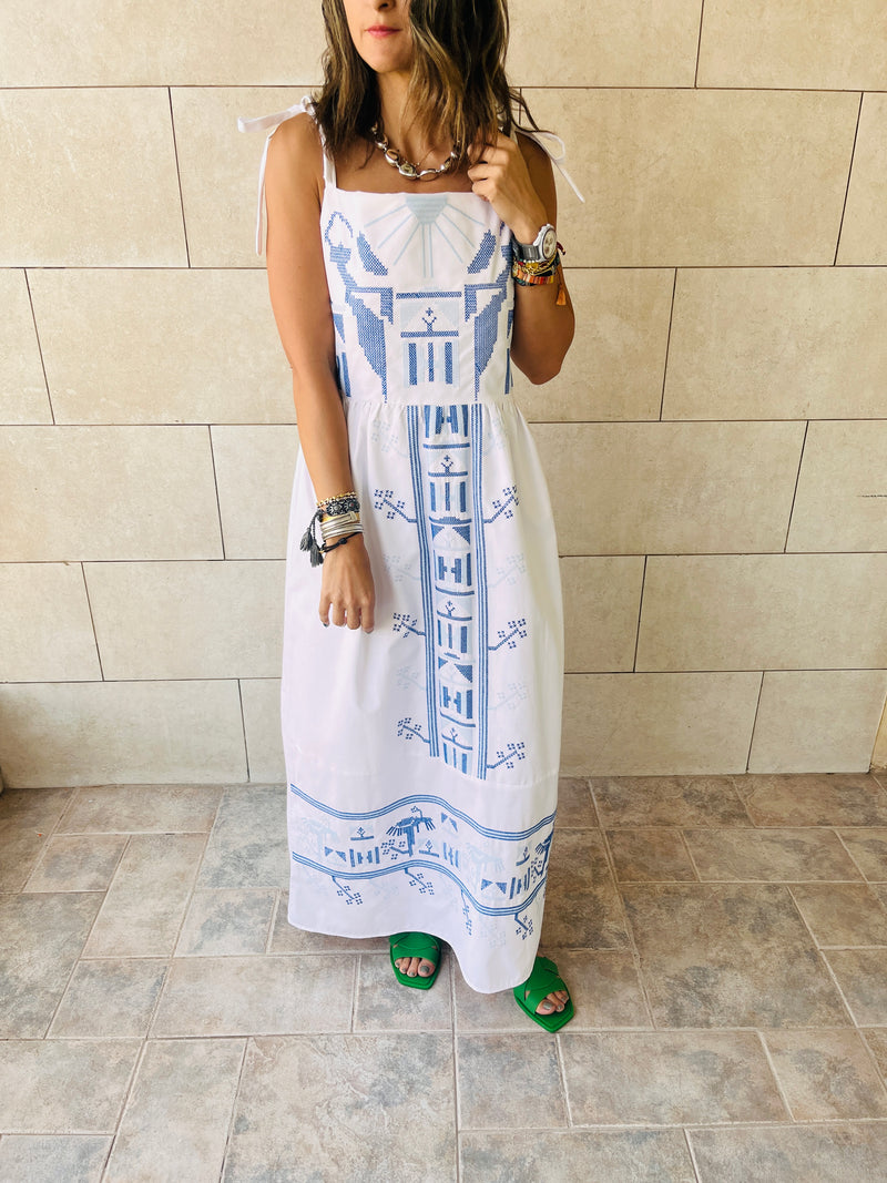 White Grecian Embroidered Linen Dress