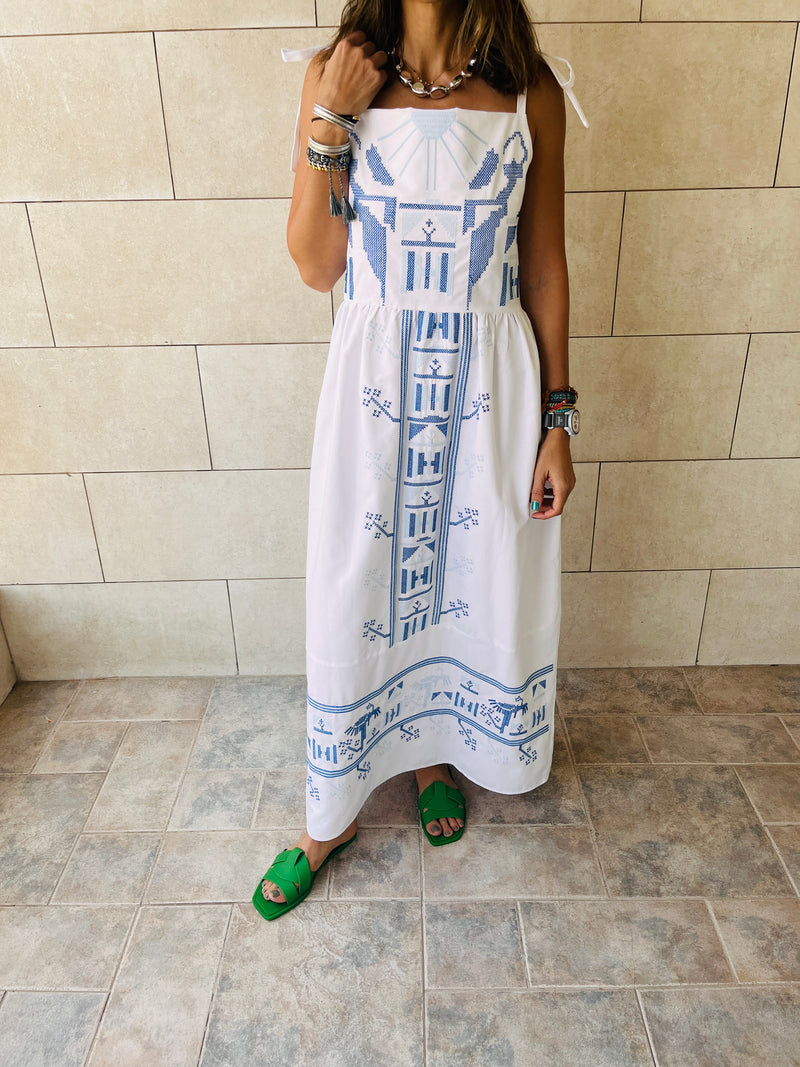 White Grecian Embroidered Linen Dress